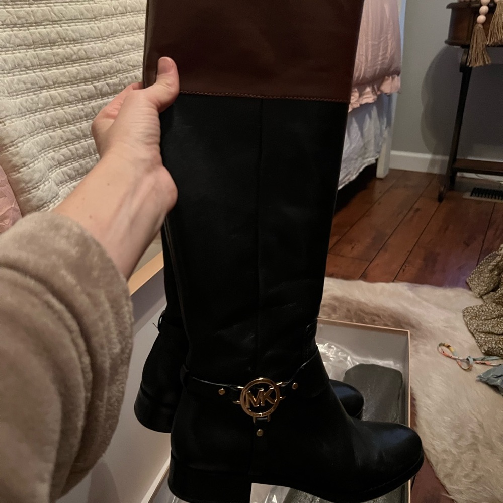 Michael Kors Stockard Two-Tone Leather Riding Boot, Size 7.5
